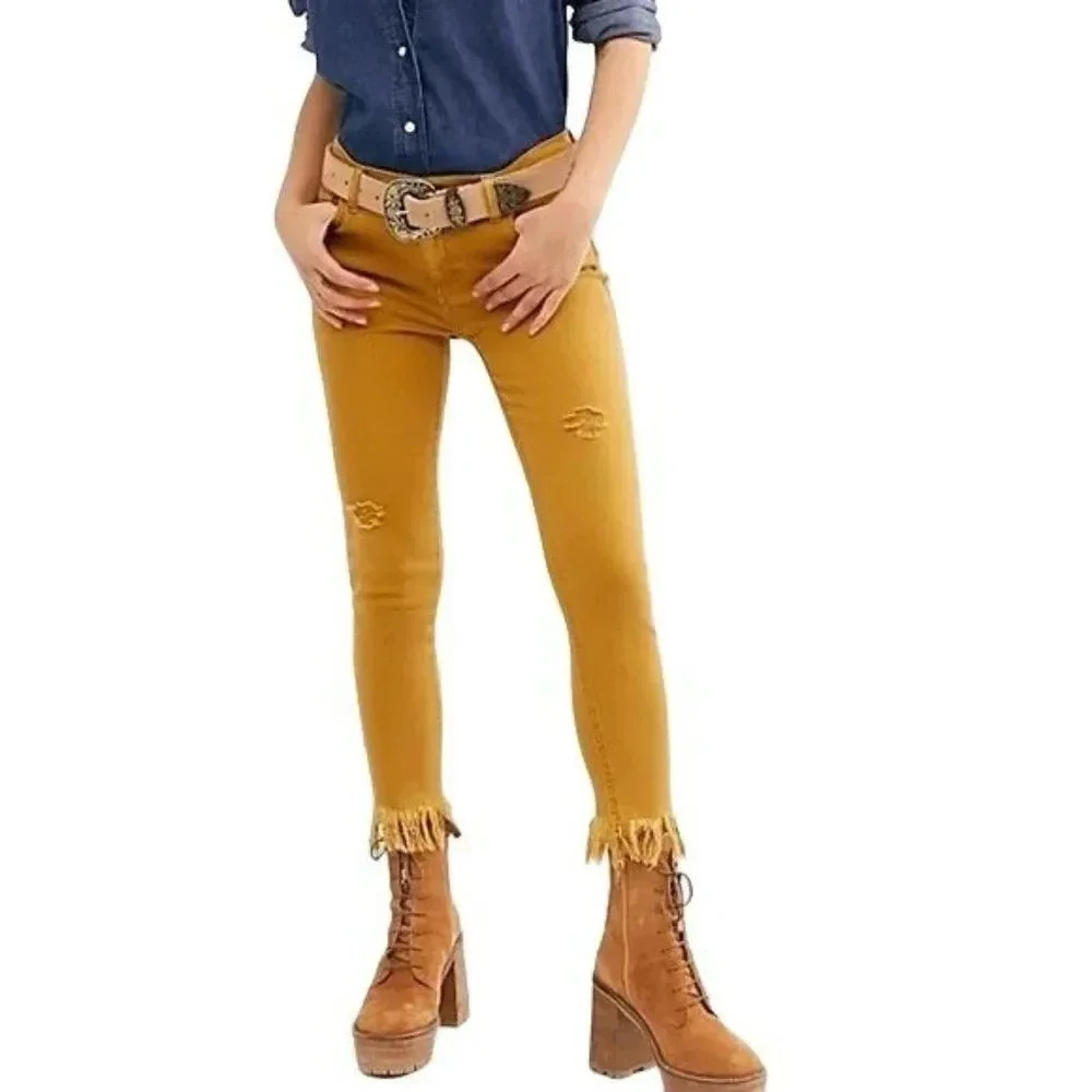 Free People Great Height Frayed Distressed Cropped Skinny Mustard Yellow Jeans